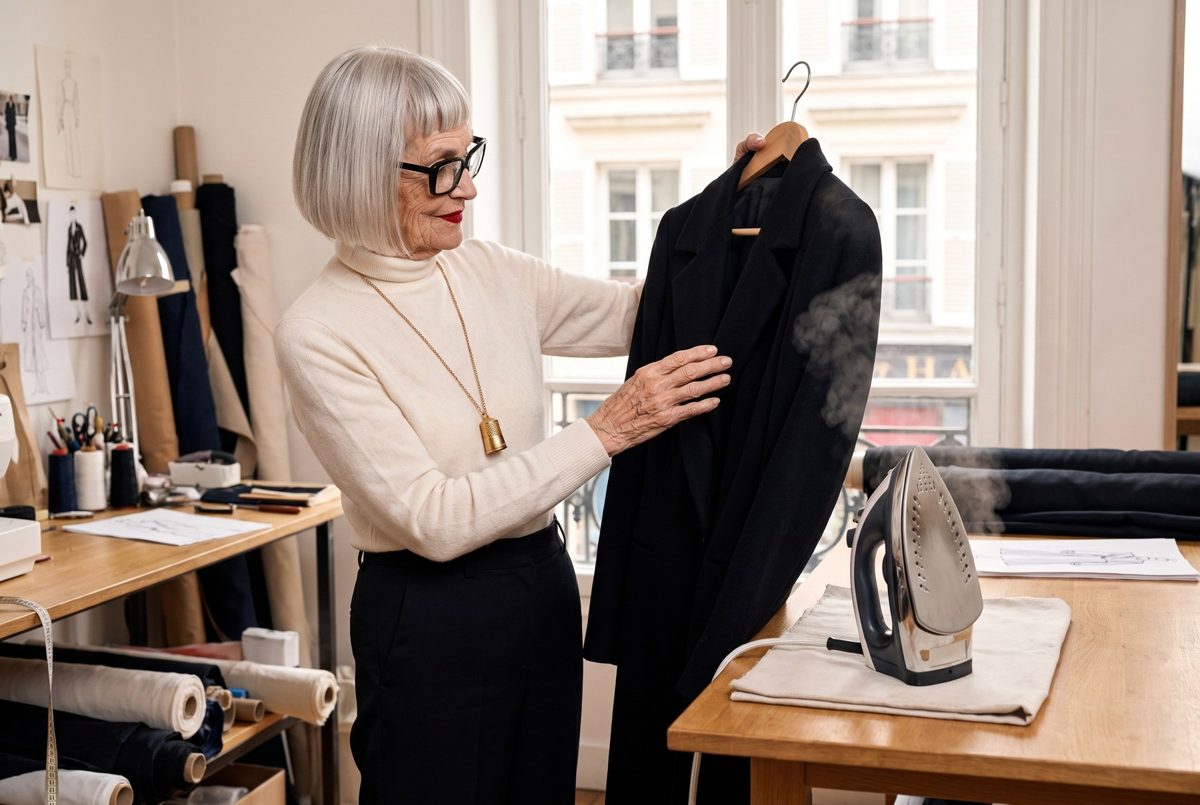 Dot holding up a finished black blazer beside a steam iron