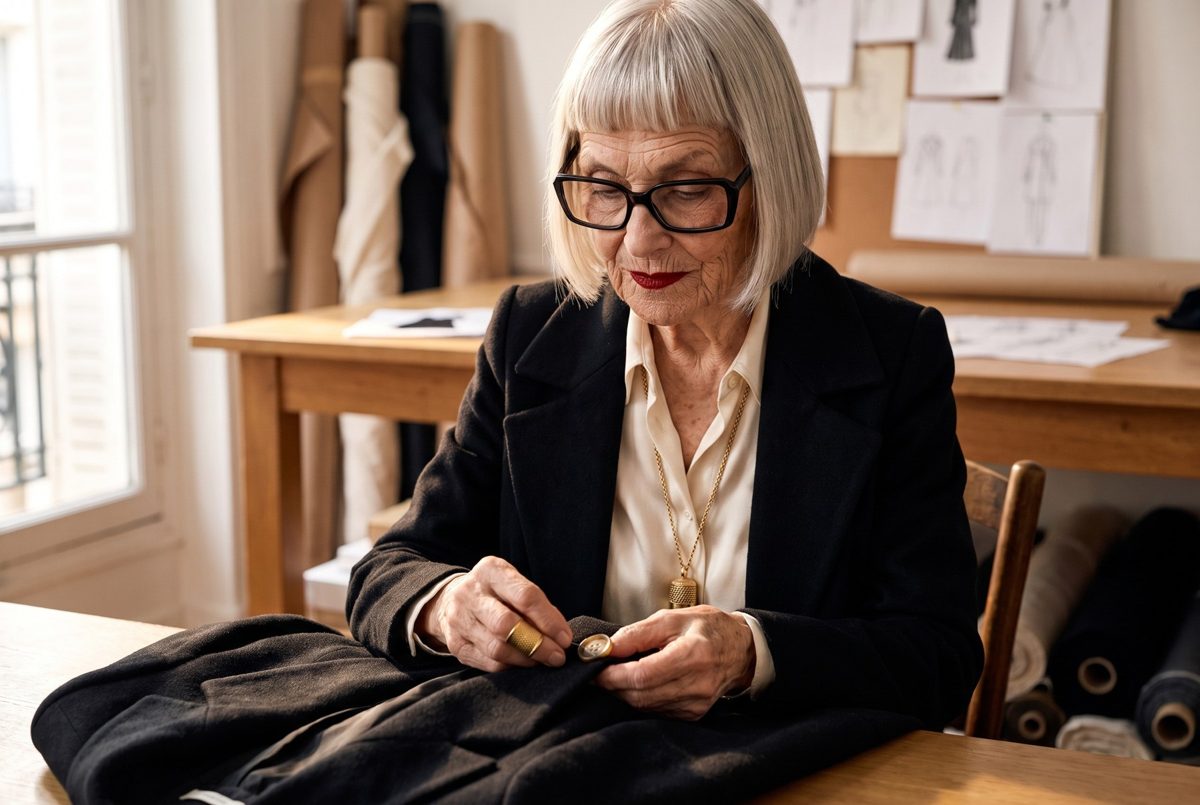Dot sewing a button onto a black coat with a gold thimble