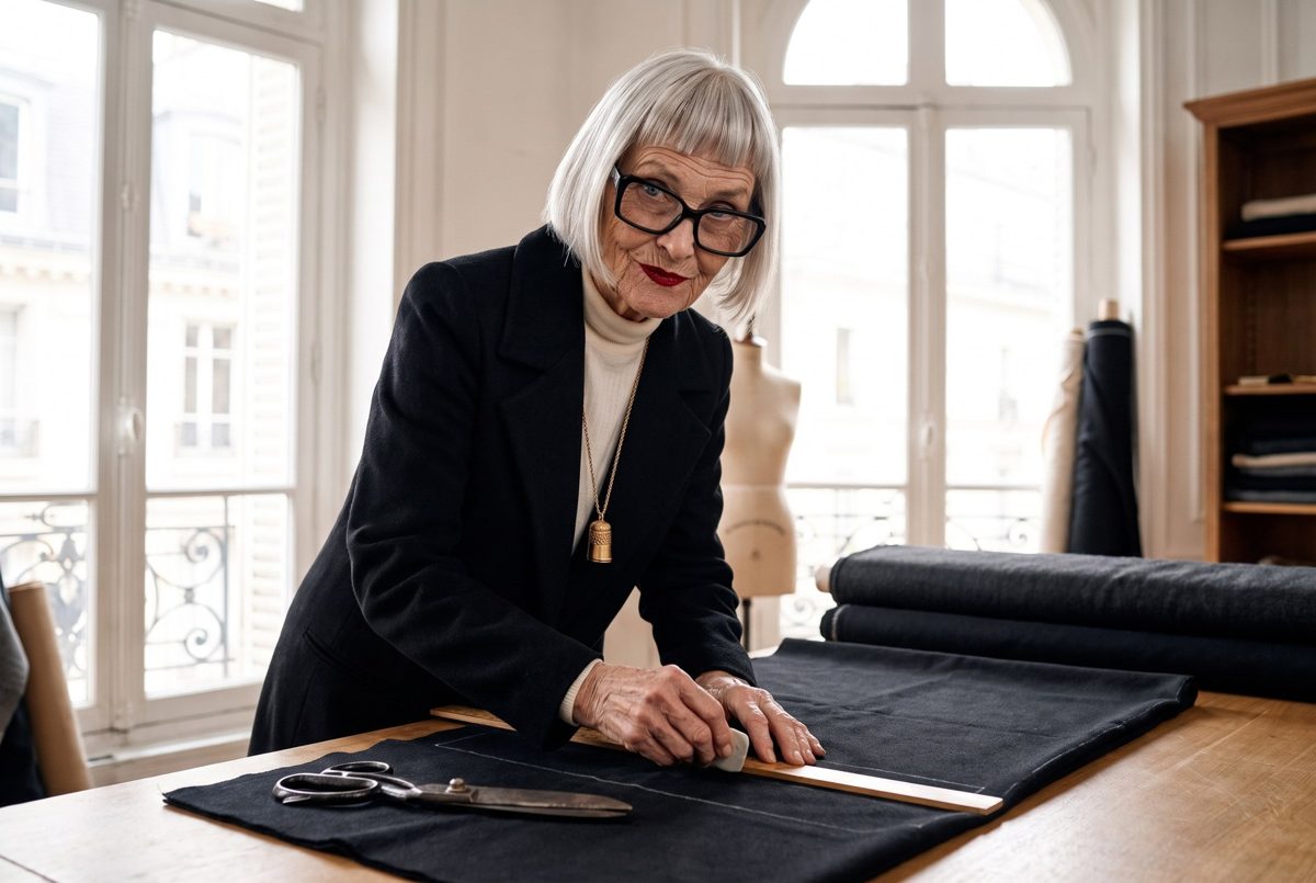Dot marking black wool with tailor's chalk at her cutting table