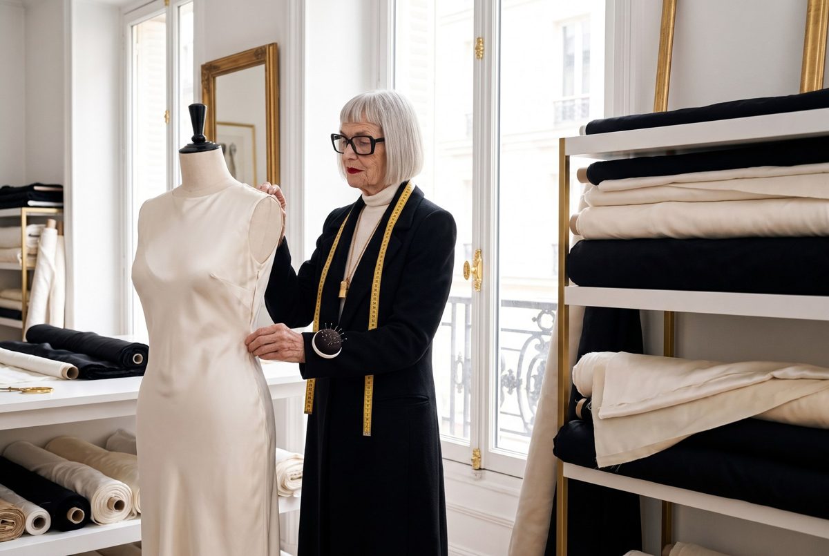 Dot pinning an ivory dress on a dress form