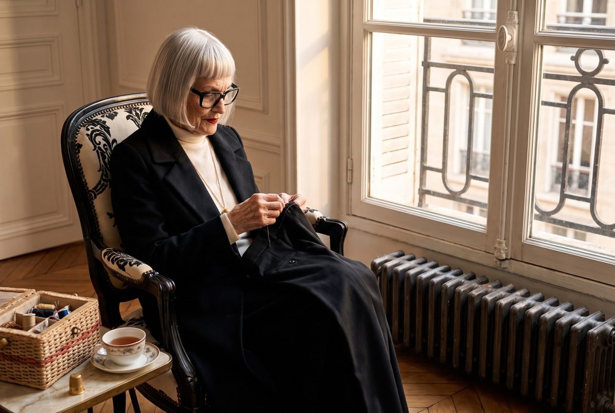 Dot Valcourt hemming black trousers in an armchair by a Paris window