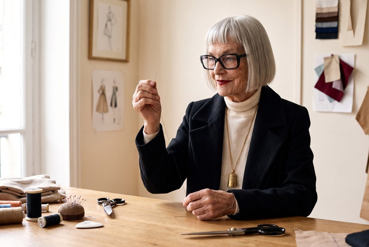 Dot threading a needle at her worktable